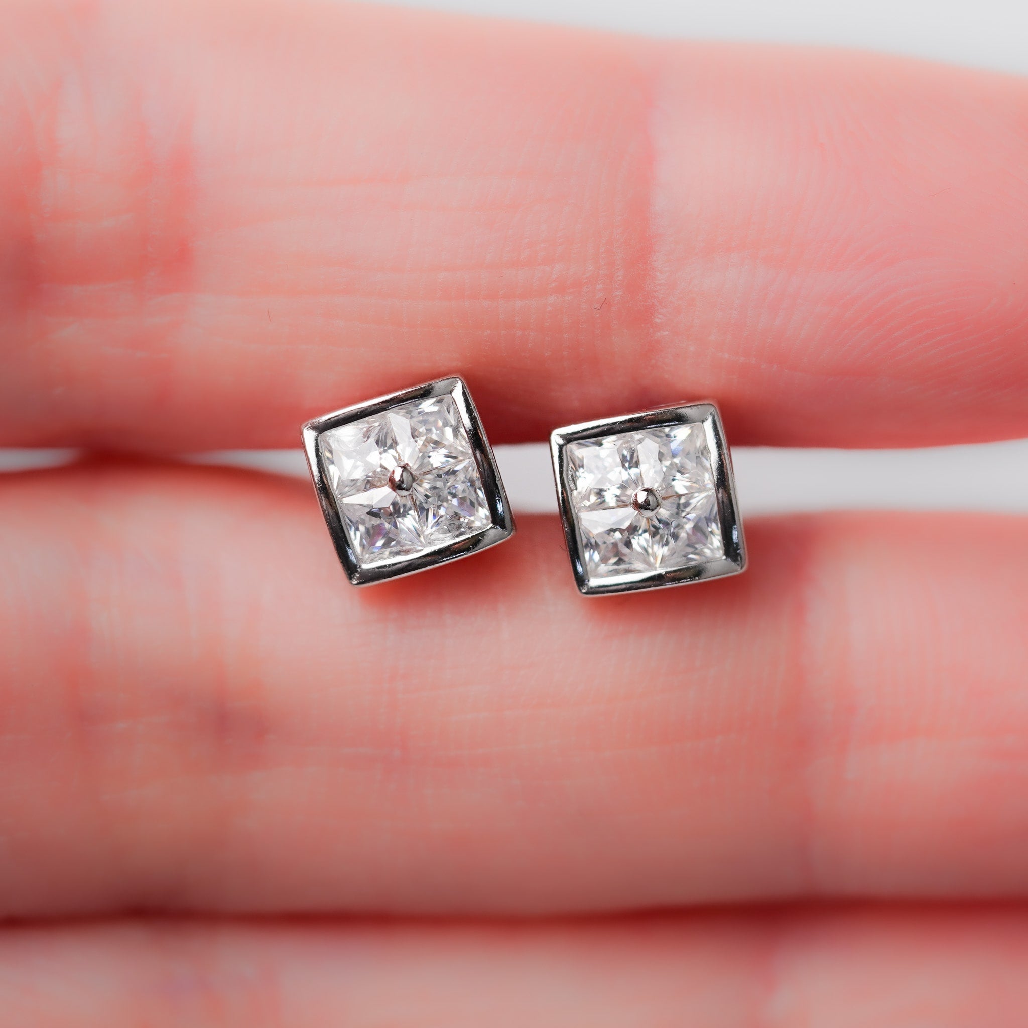 4-stone Square Stud Earrings, Screwed-Back