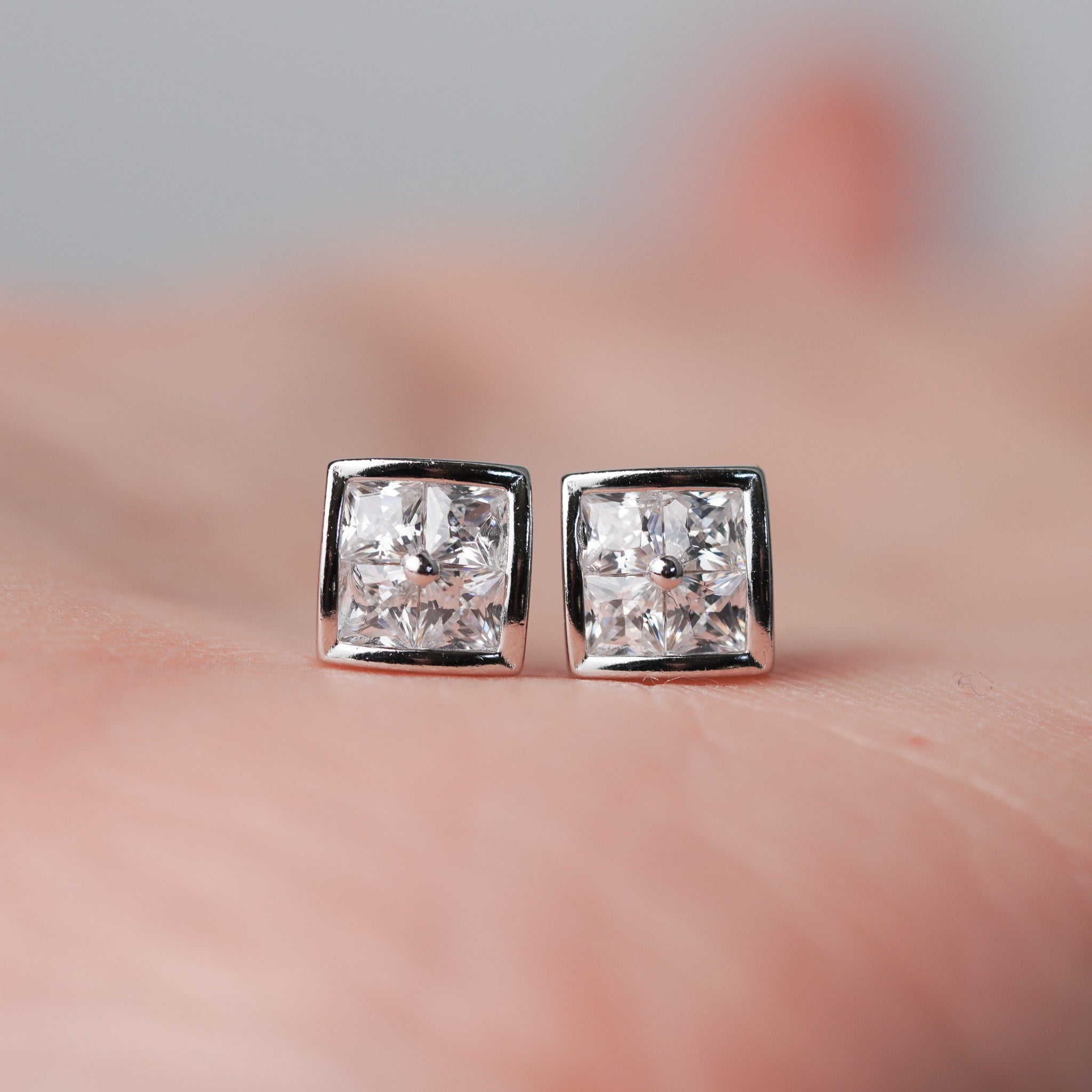 4-stone Square Stud Earrings, Screwed-Back