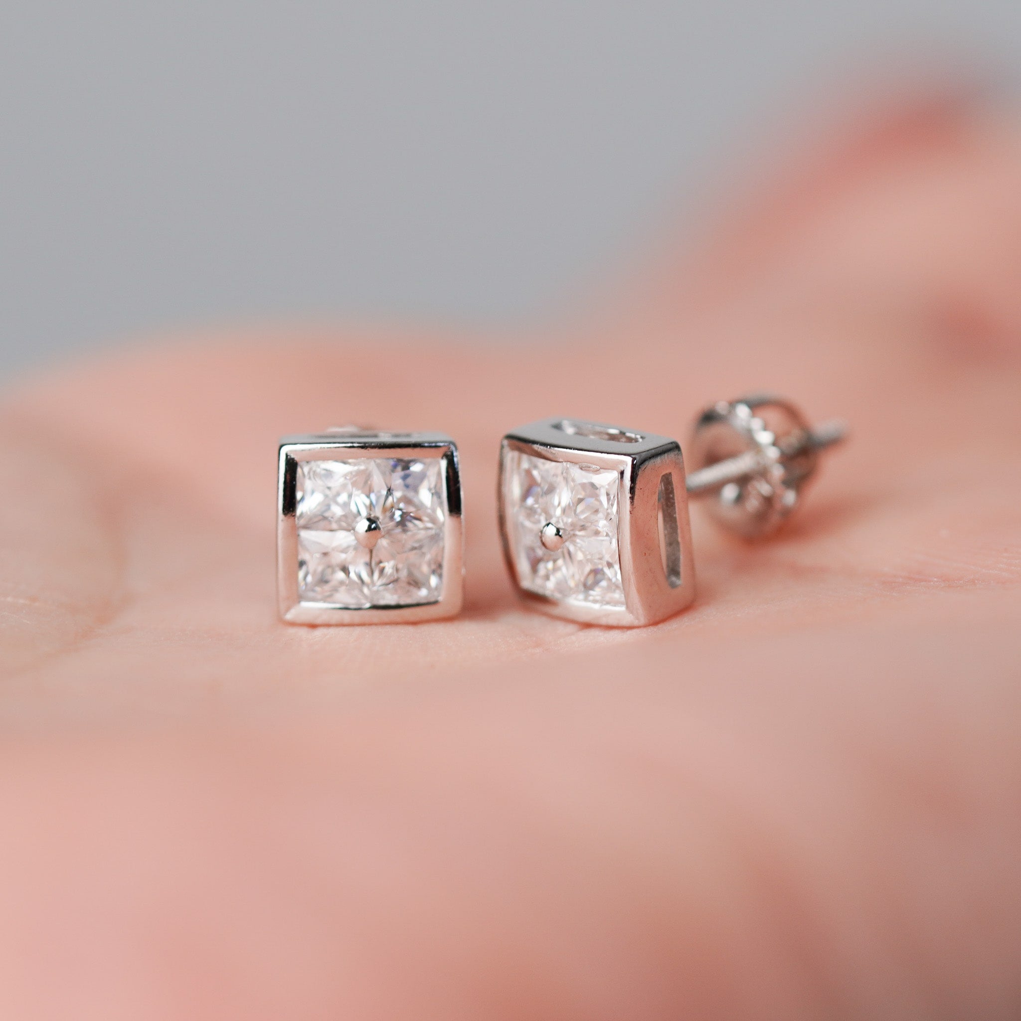 4-stone Square Stud Earrings, Screwed-Back