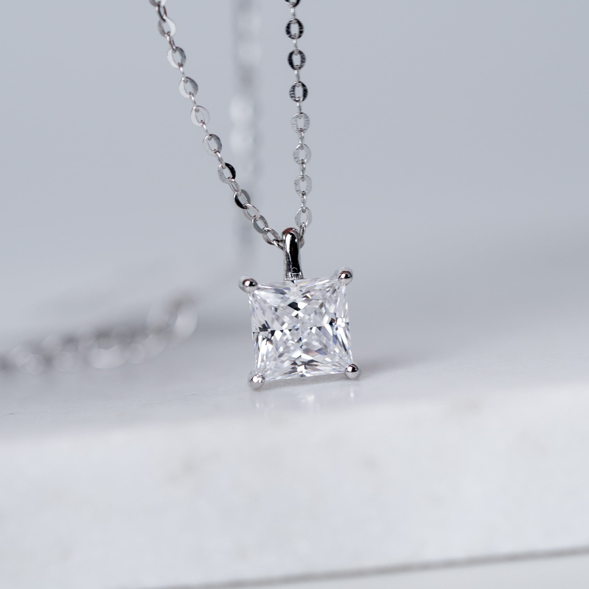 Square Princess Cut Solitaire Necklace