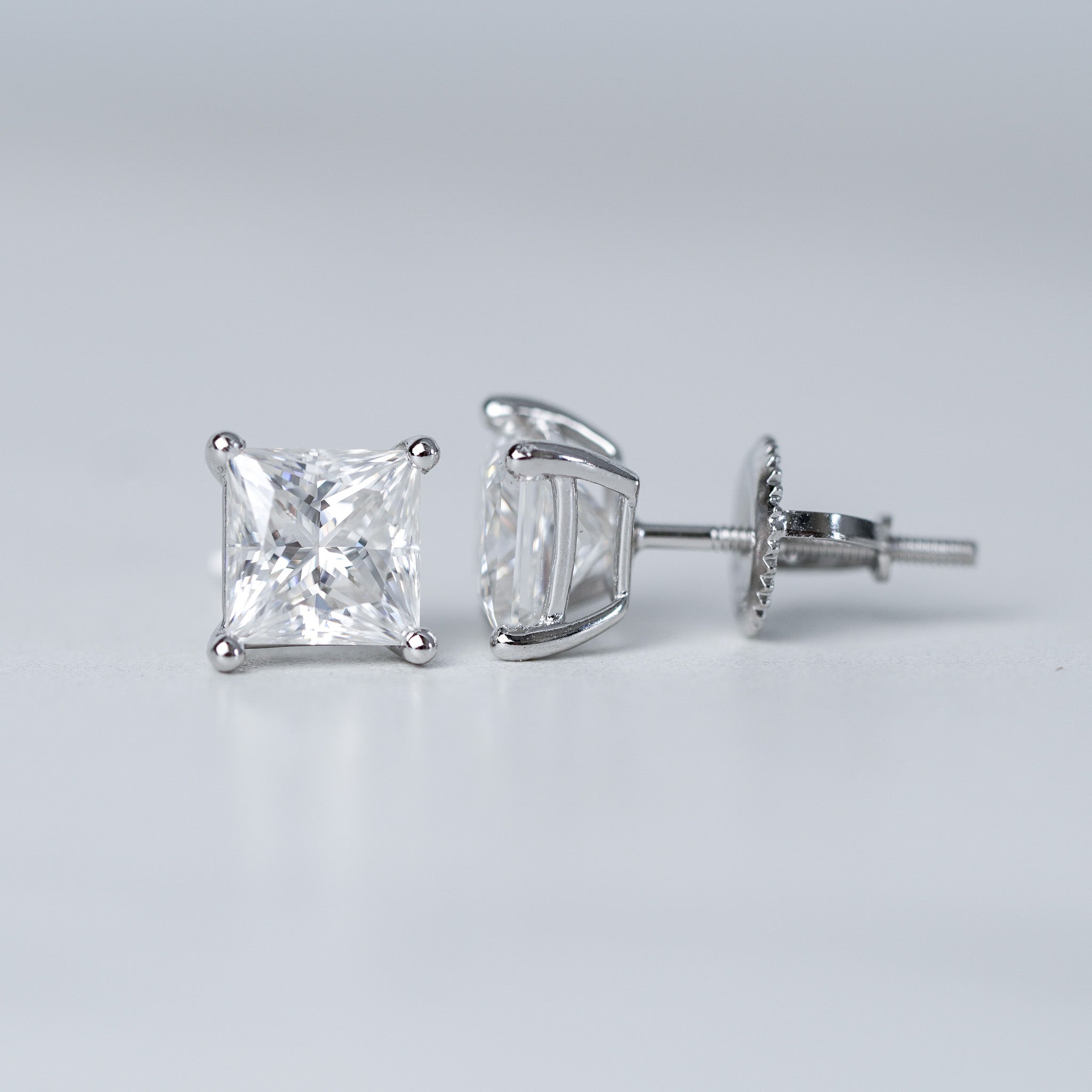 Square Solitaire Stud Earrings In Moissanites | Screwed Back