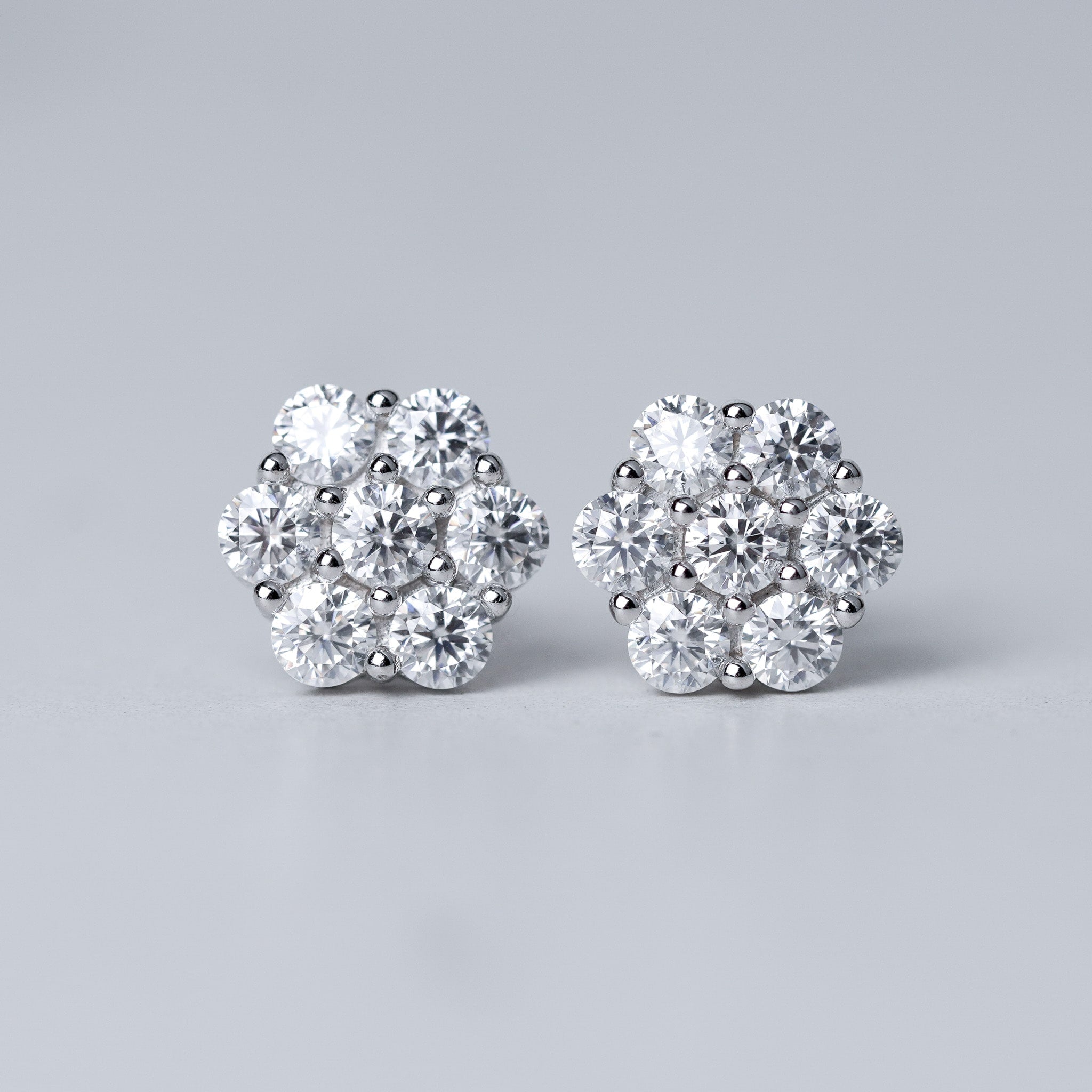 Flower Stud Earrings in Moissanite & Simulated Diamond | Screwed-Back