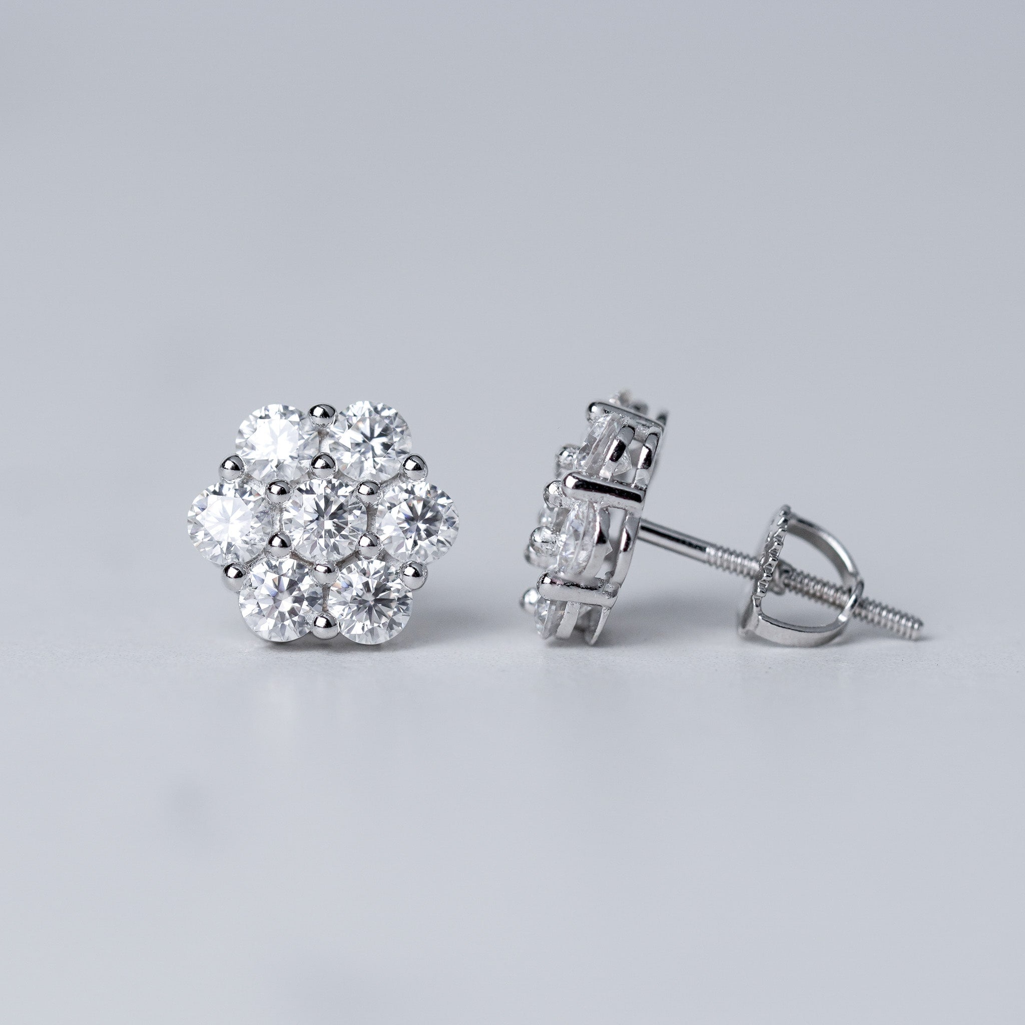 Flower Stud Earrings in Moissanite & Simulated Diamond | Screwed-Back