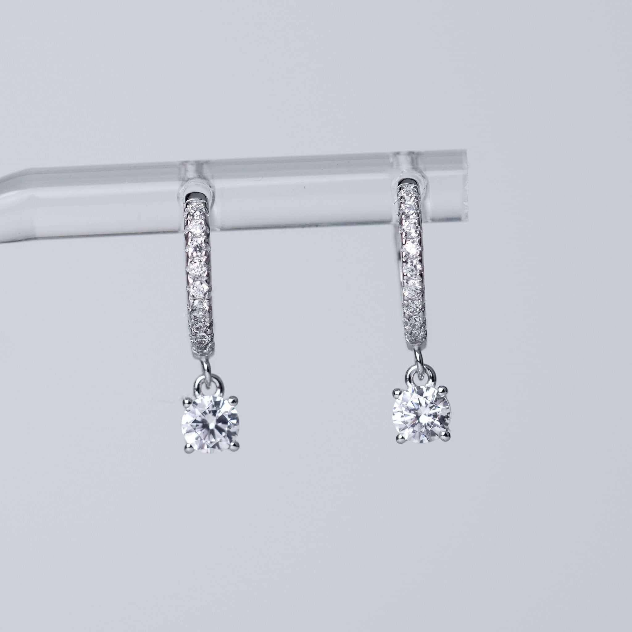 Small Hoop With Single Drop Diamond Earrings - 4 Prongs