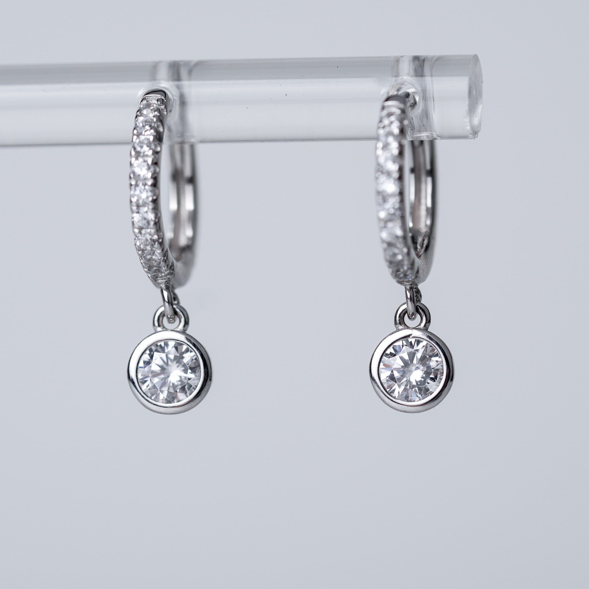 Small Hoop With Single Drop Diamond Earrings - Bezel