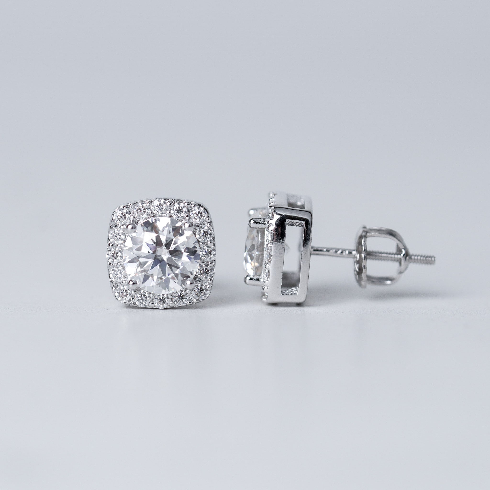 Square Halo Moissanite Earrings - Screwed Back