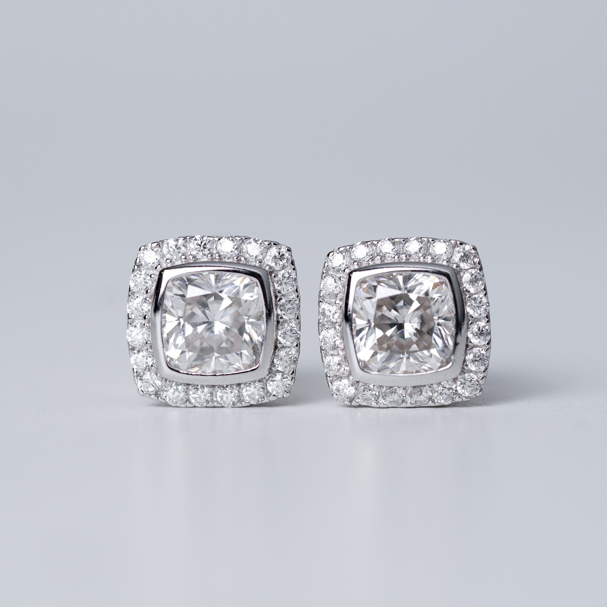 Square Halo Bezel Earrings - Cushion Cut - Screwed Back