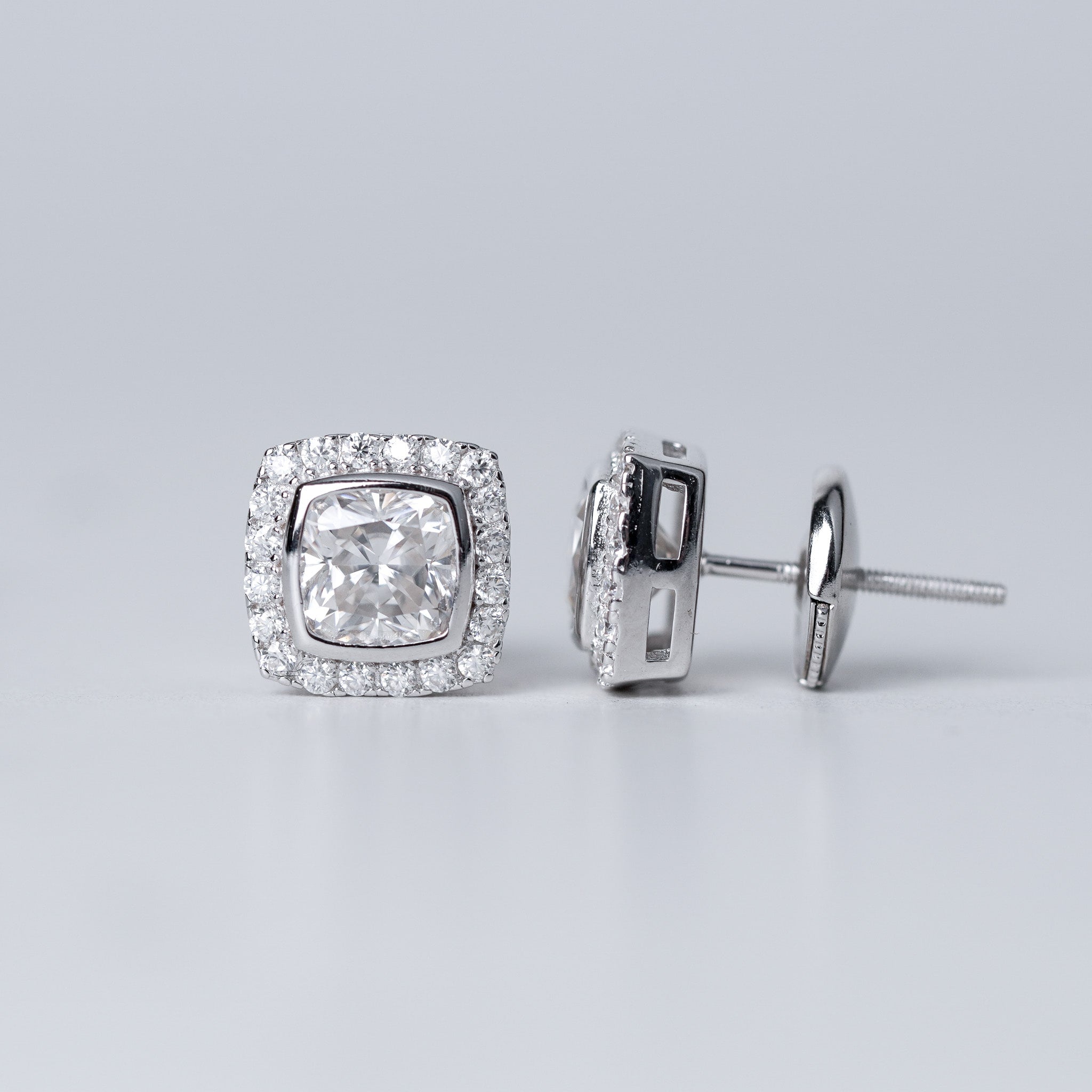 Square Halo Bezel Earrings - Cushion Cut - Screwed Back